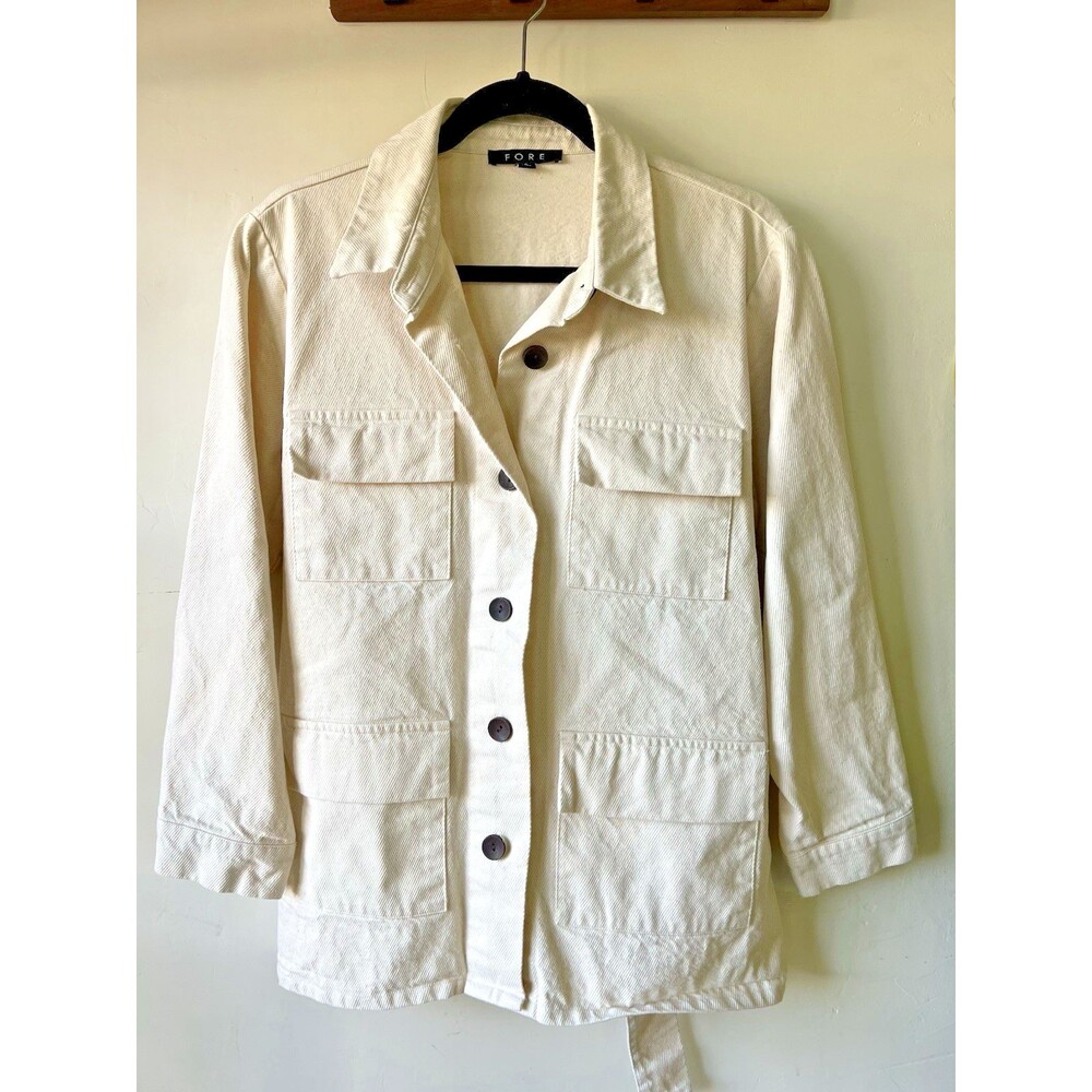 FORE Ivory Belted Button Mid-Length Utility Chore Jacket Pockets Women's Small